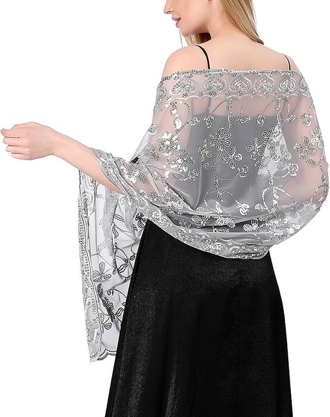 Sequin Floral Shawls and Wraps for Evening Dresses,Women sparkly Sheer Mesh  Wedding Shawls for Evening Party